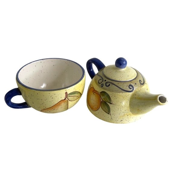 Teapot Cup Set Single Serve 2 Piece Oversize Cup Yellow Fruit Pattern 7" x 4.5" - Picture 5 of 7